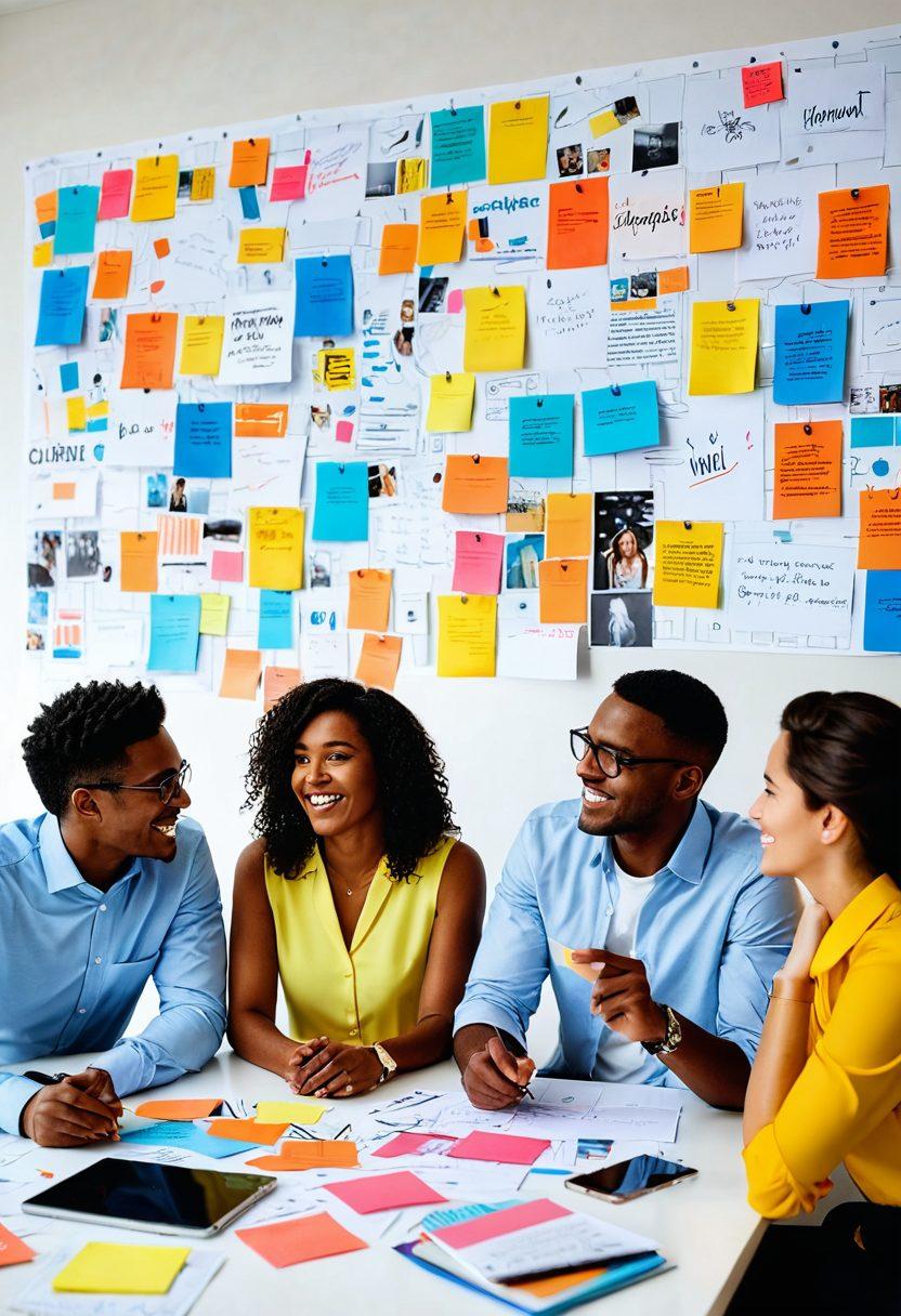 A diverse team of professionals engaged in a vibrant brainstorming session, surrounded by diagrams and post-it notes representing strategies and insights. Their expressions convey enthusiasm and collaboration, with light bulbs symbolizing ideas above their heads. In the background, a vision board filled with goals and achievements. Dynamic color palette to symbolize energy and creativity. super-realistic. vibrant colors. white background.